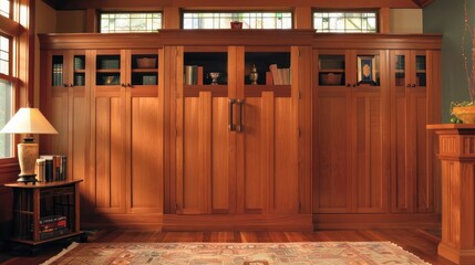 Craftsman-style armoire with wooden doors and detailed joinery, providing stylish storage solutions