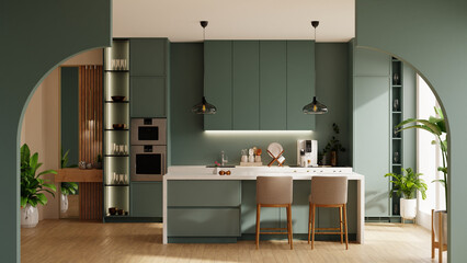 Modern kitchen decorated with light green cabinets and white countertops. With light brown chairs and minimalist hanging lights- 3D rendering