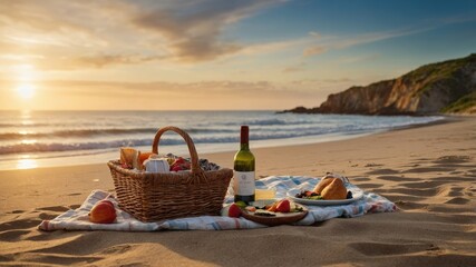 Charming beach picnic at sunset featuring a wicker basket, wine, and a variety of foods on a blanket by the sea.
