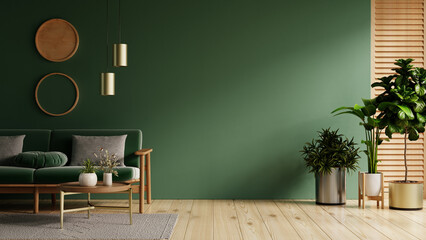 A green sofa paired with a table stands against a green wall, complemented by wooden flooring- 3D rendering