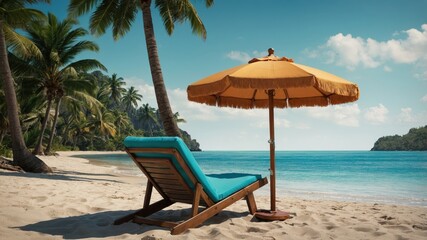 Peaceful tropical beach scene with an empty chair under an umbrella, surrounded by palm trees and clear blue water.
