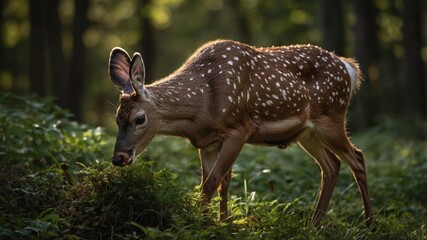 A young deer with spotted fur grazes peacefully in a sunlit forest, surrounded by lush greenery and tall trees.
