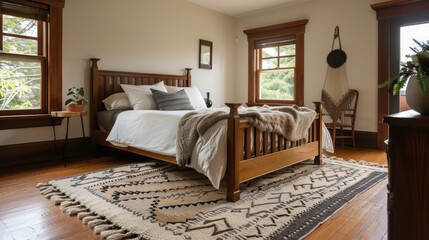 Craftsman-style bedroom with a wooden bed frame and handwoven woolen rugs, exuding warmth and comfort