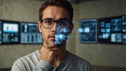 A man with glasses thoughtfully analyzes digital data using a holographic interface, surrounded by screens displaying information.
