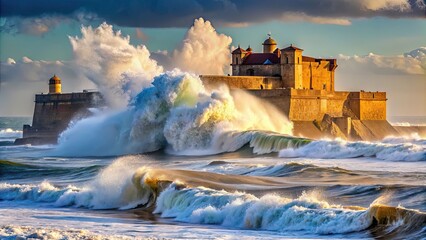 Fototapeta premium Large waves crashing into a fortress near Carcavelos beach in Portugal, powerful, ocean, sea, water, dramatic, waves