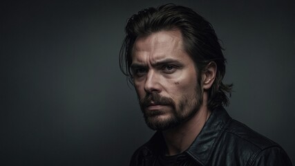 Obraz premium Portrait of a serious man with an intense expression, dark background, and leather jacket. 