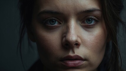 Close-up portrait of a young woman with striking blue eyes, showcasing an intense and contemplative expression, set against a dark background.
