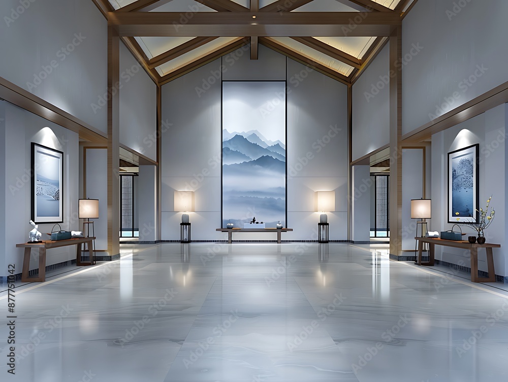 Poster illustration of a luxurious ink paint gallery, with high-end and intricate ink artworks displayed in