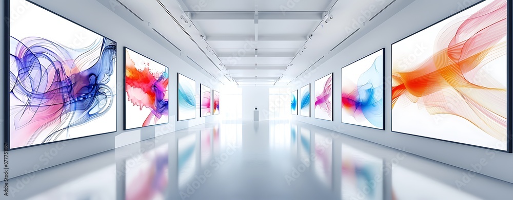 Poster illustration of an avant-garde ink paint gallery, with innovative and experimental ink artworks disp