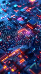 Obraz premium Close-up of a futuristic circuit board illuminated by vibrant blue, red, and pink LED lights, showcasing intricate electronic components and pathways.