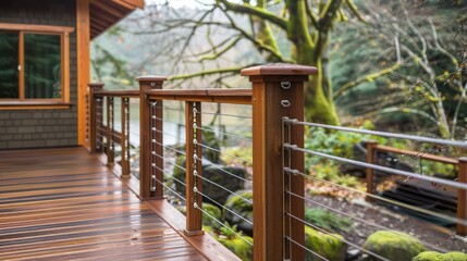Craftsman-style deck railing with wooden posts and a cable rail system, offering safety and style