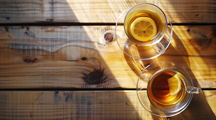 Top View of Two Transparent Mugs of Tea with Lemon on Transparent Saucers, Wooden Table, Chinese Interior