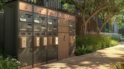 A row of modern mailboxes stand outside a building, surrounded by lush greenery and a concrete pathway.