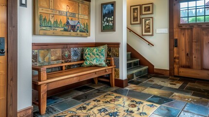 craftsman-style entryway with a custom wood bench and hand-painted tiles
