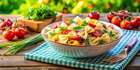 Colorful pasta salad with bowtie pasta and a variety of vibrant vegetables