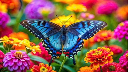 Naklejka premium Vivid blue swallowtail butterfly perched on colorful blooms, butterfly, vivid, blue, swallowtail, colorful, blooms, nature