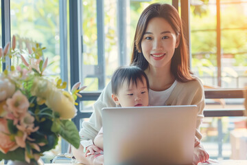 Asian Woman Professional Mom Multitasking with Baby Toddler Child on Lap while Working from Home with Flexible Schedule