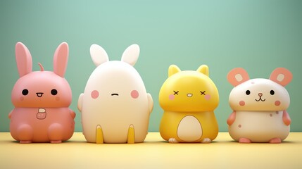 3D rendering of cute cartoon style animal characters isolated on pastel green background