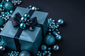 Refined dark gift boxes with blue ribbons and decorative elements, creating an elegant copyspace backdrop
