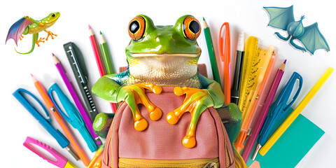 School Supplies with a Frog | Frog Backpack with School Supplies
