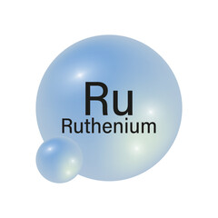 Ruthenium element symbol. Ru chemical element. Blue glossy spheres. Chemistry concept. Vector illustration.