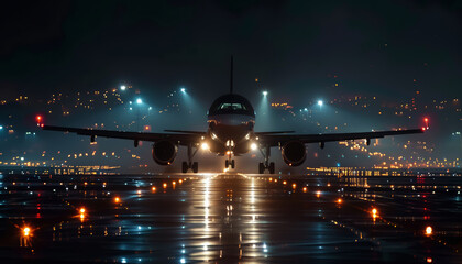 passenger plane taking off at night