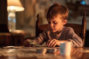 Boy at the table counts money