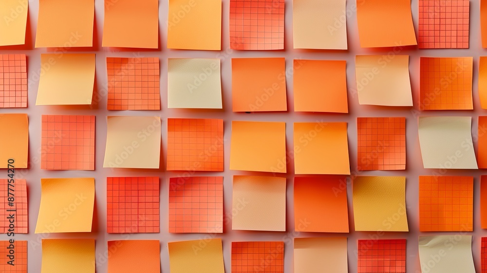 Poster discover a cluster of orange sticky post-it notes with diverse shades and textures, strategically po