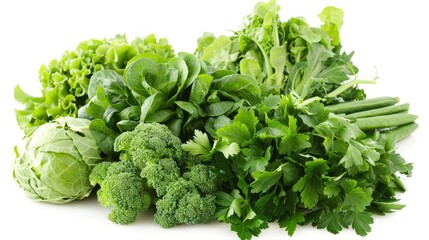 Pile of fresh green veggies on a white background