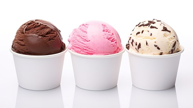 Ice cream scoops in a cup on white background, close up