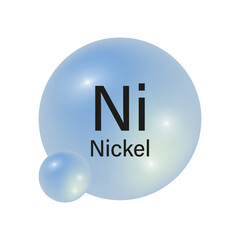 Nickel element icon. Blue spherical symbol. Vector chemical illustration. Ni atomic structure.