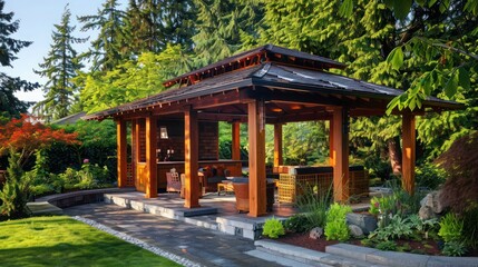 Craftsman-style garden pavilion with wooden posts and a shingle roof, providing a sheltered area for gatherings