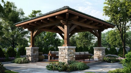 Craftsman-style gazebo with a wooden roof and stone columns, offering a shaded retreat with panoramic views of a garden