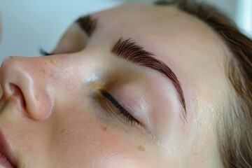 Close-up of a green eye with neatly groomed brows