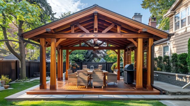 Craftsman-style gazebo with a wooden roof and open sides, offering a shaded retreat in a suburban yard