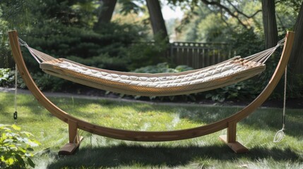 Craftsman-style hammock stand made of wood, providing a sturdy and attractive base for relaxation in the backyard