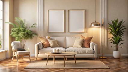 Fototapeta premium 30 Words Or 130 Characters For Adobe Stock Title Relate With Image Reference:..A Beautiful Living Room With A Sofa, Coffee Table, Armchair, And Plants. 