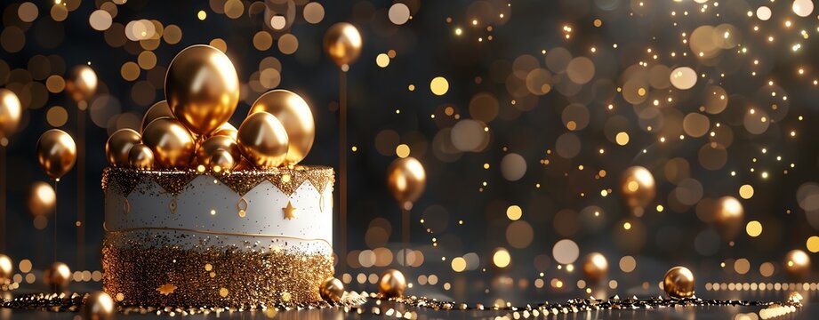 Elegant celebration cake with golden decorations and balloons, perfect for festive occasions with a glittering background.