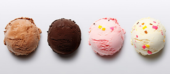 Obraz premium Scoops of ice cream on a white background, top view