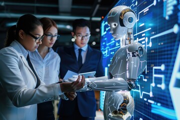 Diverse team collaborates with humanoid robot on tech project, highlighting AI and robotics in the workplace. AIG62