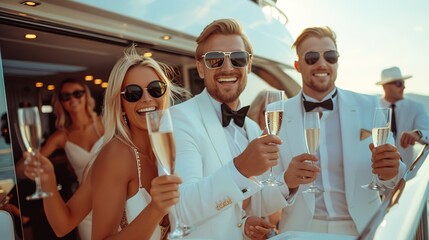 Cheers! Cropped image of group of friends relaxing on luxury yacht and drinking champagne.