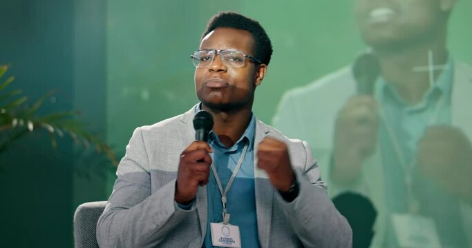 Life coaching, presentation or seminar with motivational speaker man at conference for goals. Business, interview and speech with African employee at convention or forum for development seminar