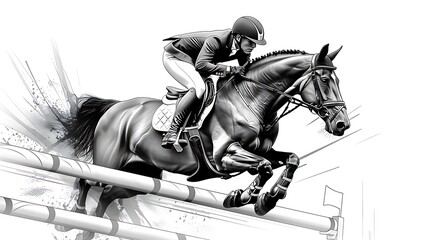 A whimsical ink illustration of a horse and rider jumping over a fence in a showjumping competition, for a sports coloring book