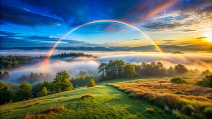 Naklejka premium Amazing Mountain Landscape With A Vibrant Rainbow Over The Hills And A Beautiful Sunrise In The Background.
