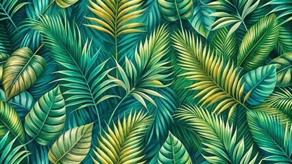 Vibrant Green And Yellow Tropical Leaves Seamless Pattern. Exotic Botanical Jungle Foliage Illustration.