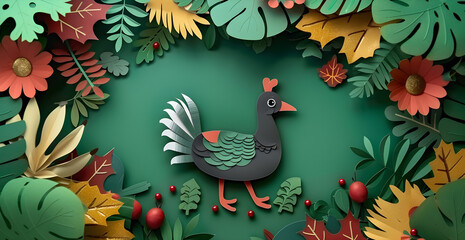 A colorful paper collage of a bird with a gold leaf on its head
