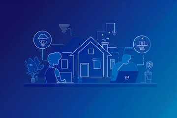 Fototapeta premium Digital real estate business platform with icons of home, money and human hand using laptop on dark background.