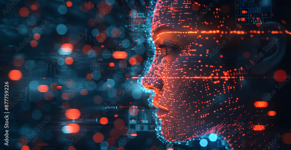 Poster a woman's face is shown in a computer generated image with a lot of dots