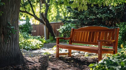 Craftsman-style outdoor bench with a wooden seat and backrest, placed under a tree for a quiet retreat