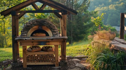 Craftsman-style outdoor bread oven with a wooden frame and a stone baking chamber, ideal for artisanal bread making